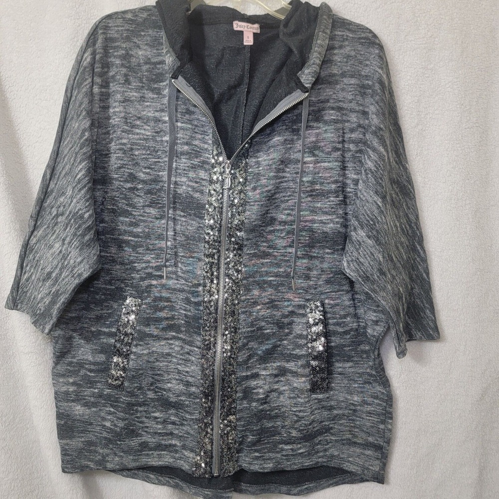 Vtg Juicy Couture Sz S oversized Y2K Sequin Hoodie Full Zip Sparkle Sequin Bling